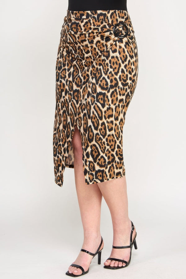 Plus Leopard Prt Asym Skirt W/ Buckle - | SmartBuyApparel