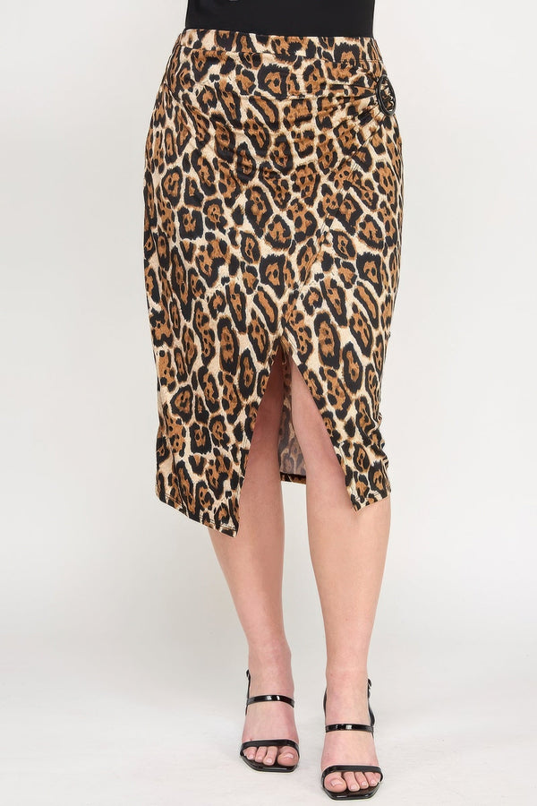 Plus Leopard Prt Asym Skirt W/ Buckle - | SmartBuyApparel