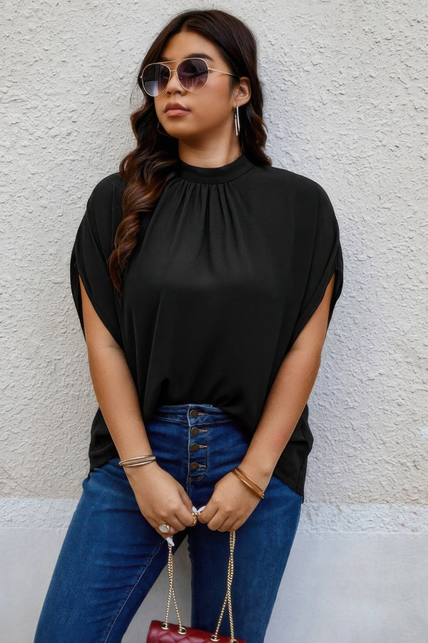 Plus Mock Neck Batwing Sleeve Loose Tunic Top - | SmartBuyApparel
