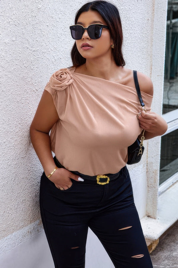 Plus One Shoulder Asymmetric Flower Decoration Shirt - | SmartBuyApparel