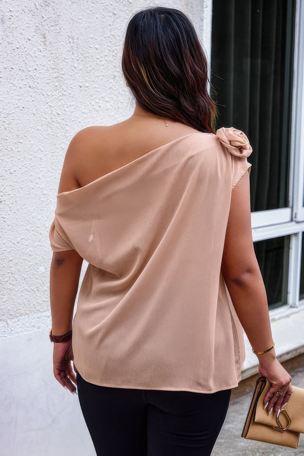 Plus One Shoulder Asymmetric Flower Decoration Shirt - | SmartBuyApparel