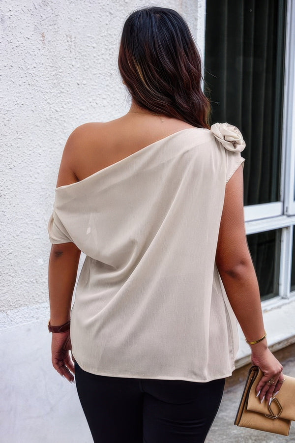 Plus One Shoulder Asymmetric Flower Decoration Shirt - | SmartBuyApparel