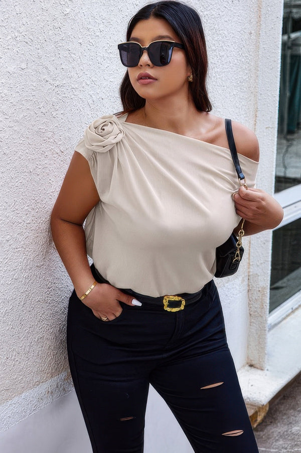 Plus One Shoulder Asymmetric Flower Decoration Shirt - | SmartBuyApparel