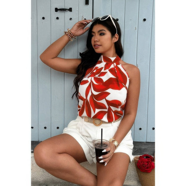 Plus Plant Print Halter Sleeveless Loose Blouse - | SmartBuyApparel