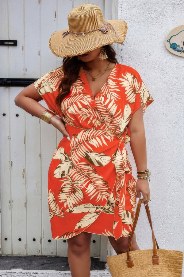 Plus Plant Print V Neck Wrap Tie Waist Dress - | SmartBuyApparel