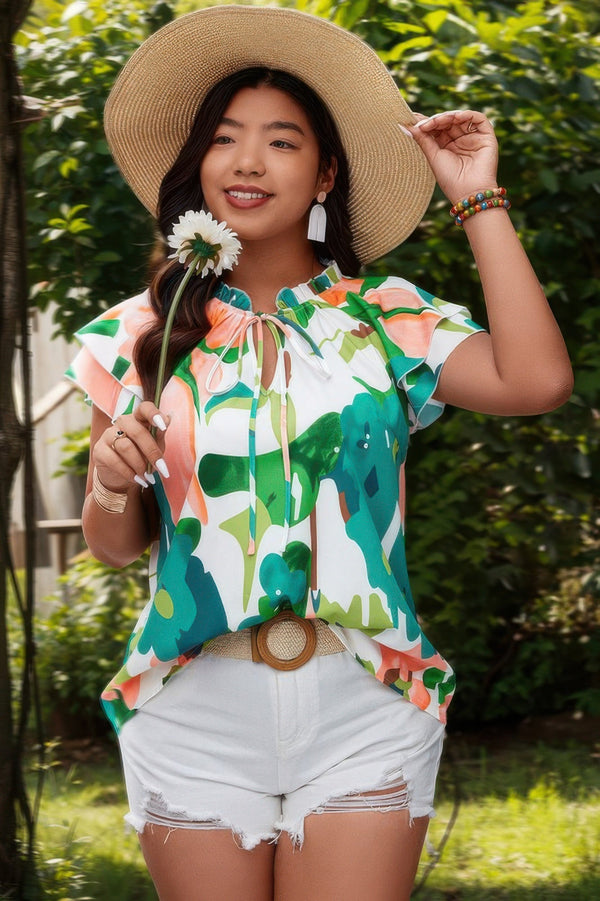 Plus Random Print Ruffled Sleeve Boho Blouse - | SmartBuyApparel