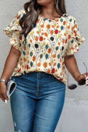 Plus Round Neck Floral Flounce Sleeve Loose Shirt - | SmartBuyApparel