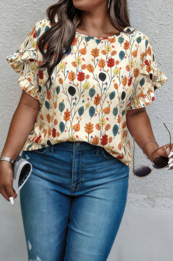 Plus Round Neck Floral Flounce Sleeve Loose Shirt - | SmartBuyApparel