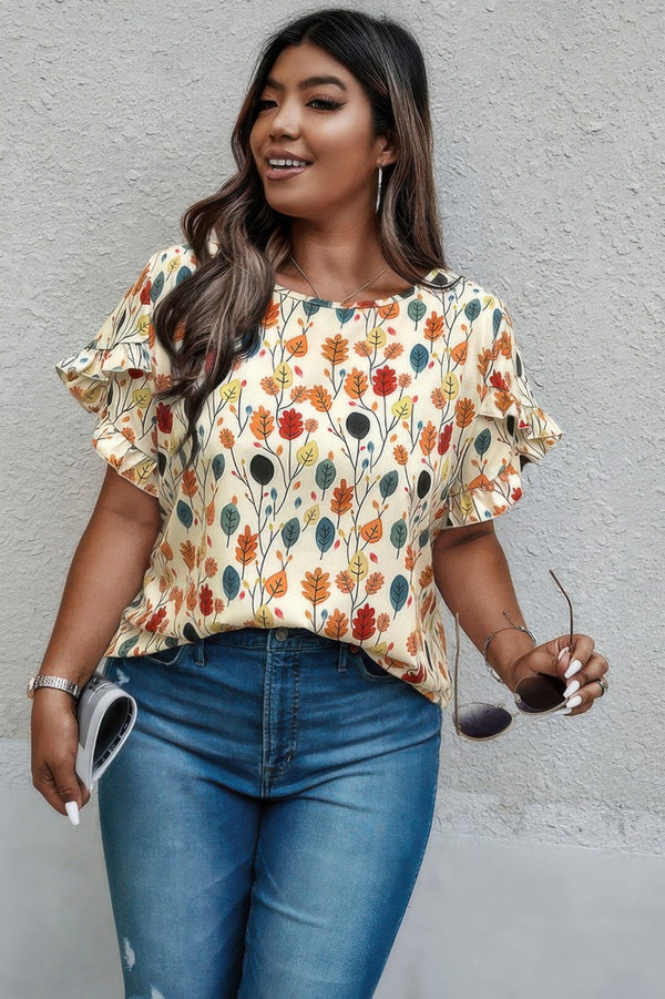 Plus Round Neck Floral Flounce Sleeve Loose Shirt - | SmartBuyApparel
