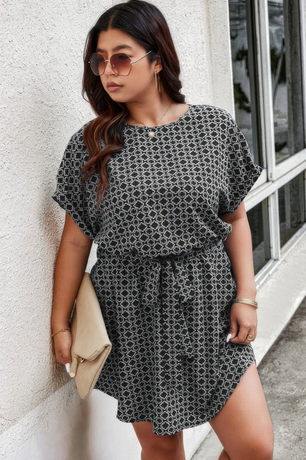 Plus Round Neck Printed Batwing Sleeve Loose Dress - | SmartBuyApparel