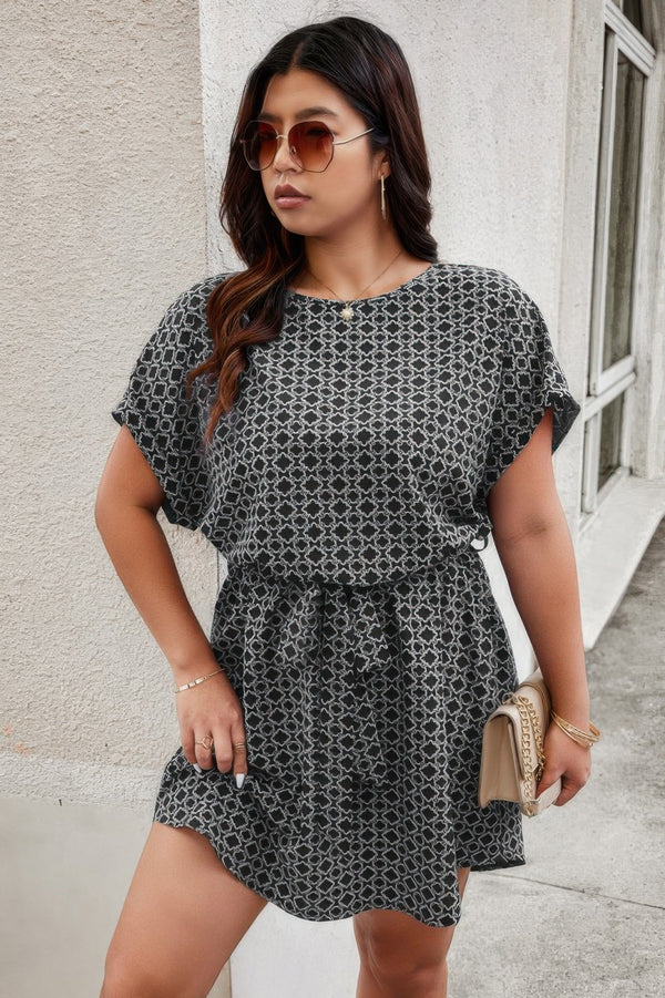 Plus Round Neck Printed Batwing Sleeve Loose Dress - | SmartBuyApparel