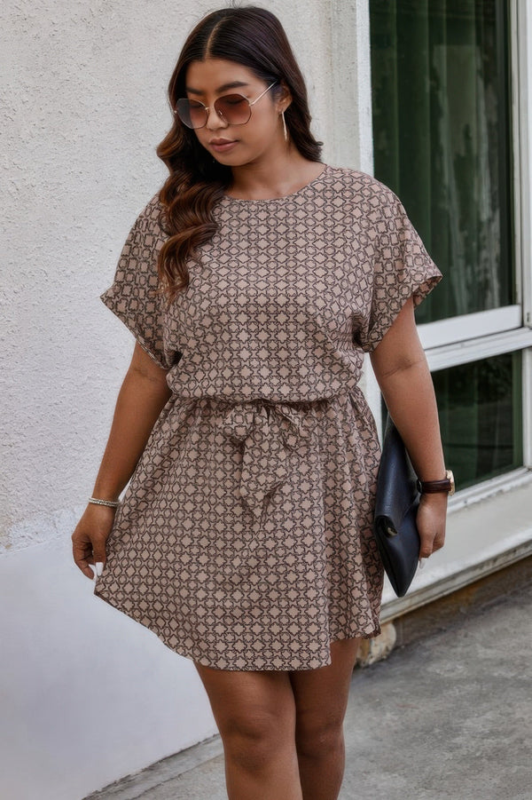 Plus Round Neck Printed Batwing Sleeve Loose Dress - | SmartBuyApparel