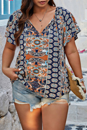Plus Size Allover Printed Tie Front Short Sleeve Blouse - | SmartBuyApparel