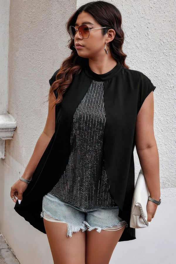 Plus Size Asymmetrical Hem Sparkly Patchwork Shirt - | SmartBuyApparel