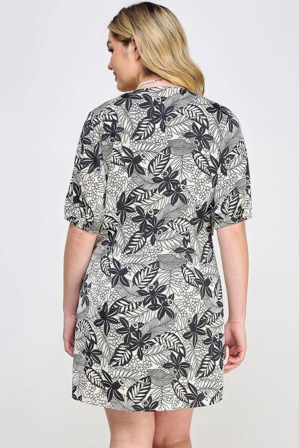 Plus Size Botanical Print Front Tie Dress - Dress - SmartBuyApparel