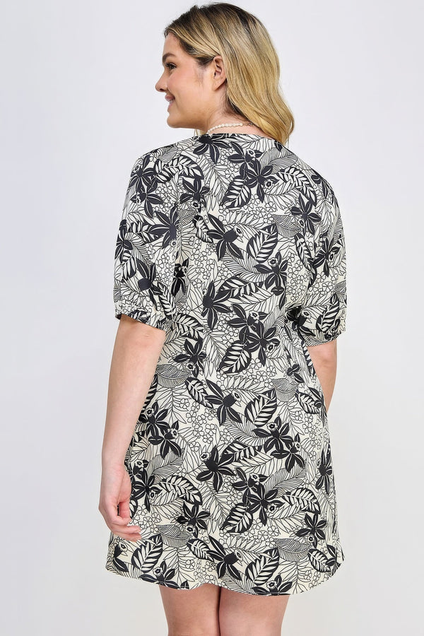 Plus Size Botanical Print Front Tie Dress - Dress - SmartBuyApparel