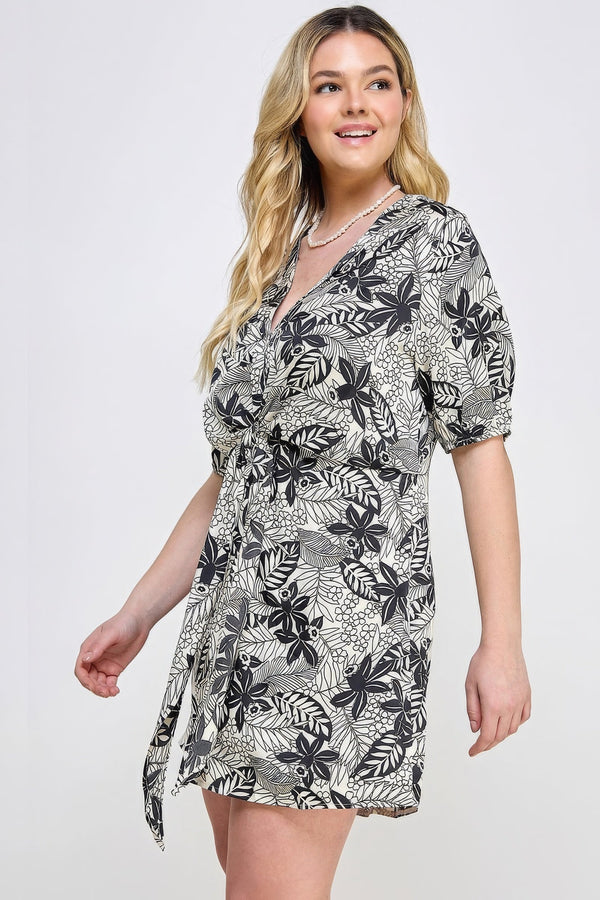 Plus Size Botanical Print Front Tie Dress - Dress - SmartBuyApparel