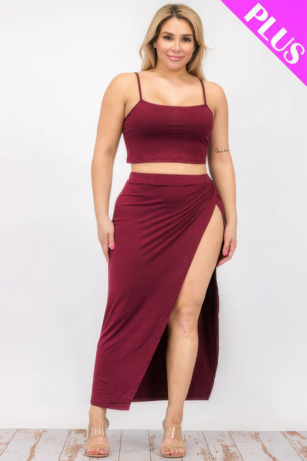 Plus Size Crop Cami & Split Thigh Maxi Skirt Set - | SmartBuyApparel