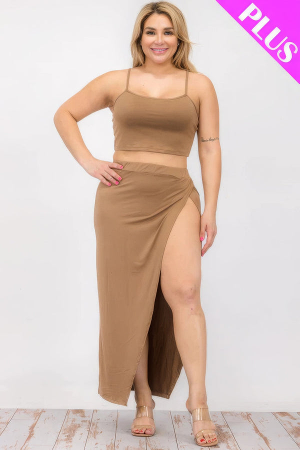 Plus Size Crop Cami & Split Thigh Maxi Skirt Set - | SmartBuyApparel