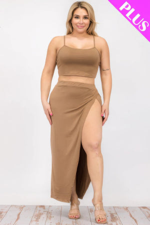 Plus Size Crop Cami & Split Thigh Maxi Skirt Set - | SmartBuyApparel