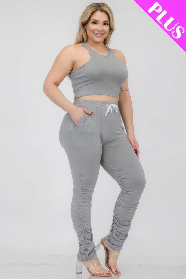 Plus Size Crop Tank Top & Ruched Pants Set - | SmartBuyApparel