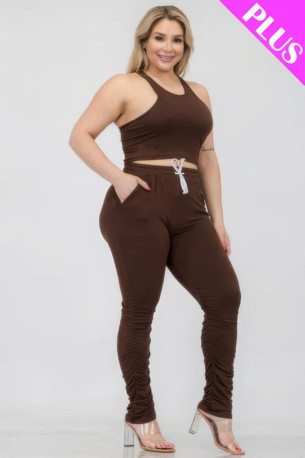 Plus Size Crop Tank Top & Ruched Pants Set - | SmartBuyApparel