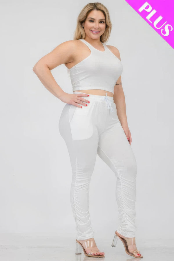Plus Size Crop Tank Top & Ruched Pants Set - | SmartBuyApparel