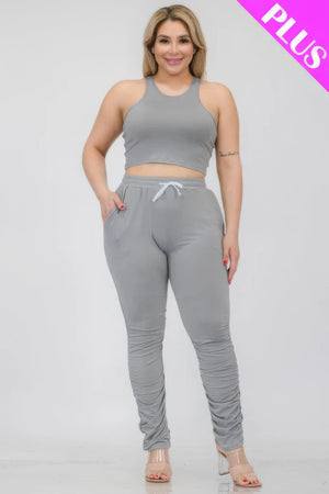Plus Size Crop Tank Top & Ruched Pants Set - | SmartBuyApparel