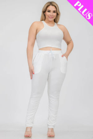 Plus Size Crop Tank Top & Ruched Pants Set - | SmartBuyApparel