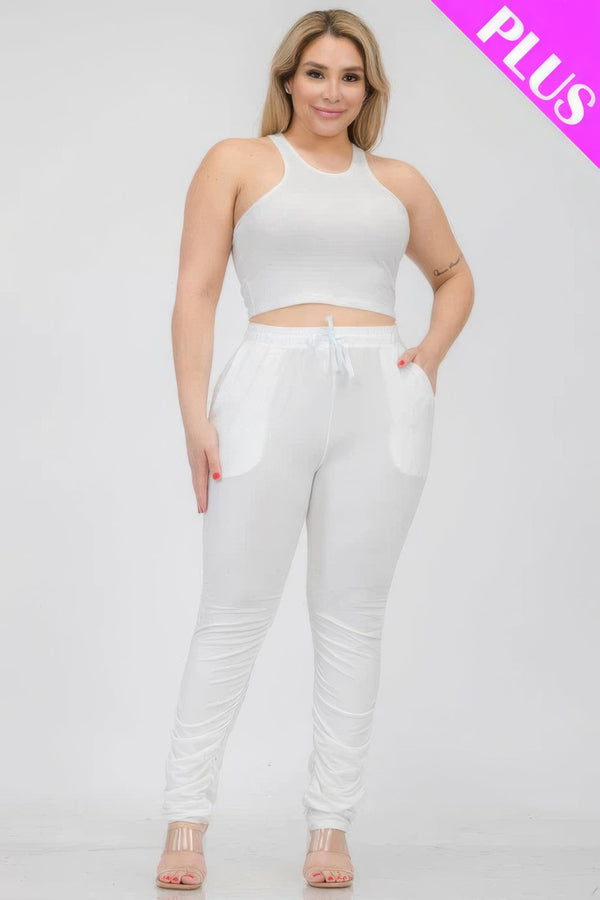 Plus Size Crop Tank Top & Ruched Pants Set - | SmartBuyApparel
