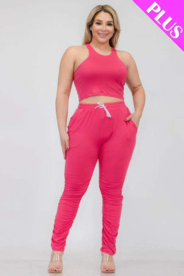 Plus Size Crop Tank Top & Ruched Pants Set - | SmartBuyApparel