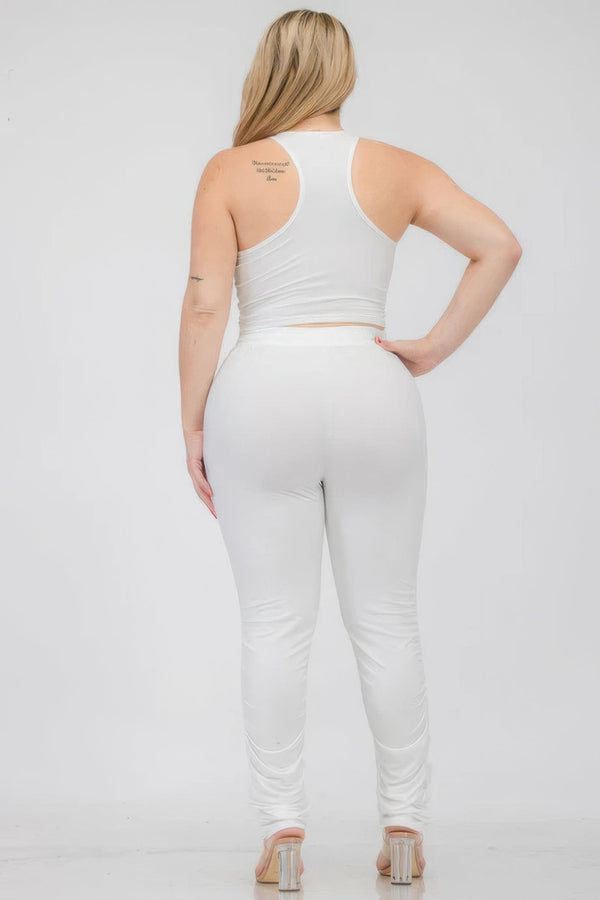 Plus Size Crop Tank Top & Ruched Pants Set - | SmartBuyApparel