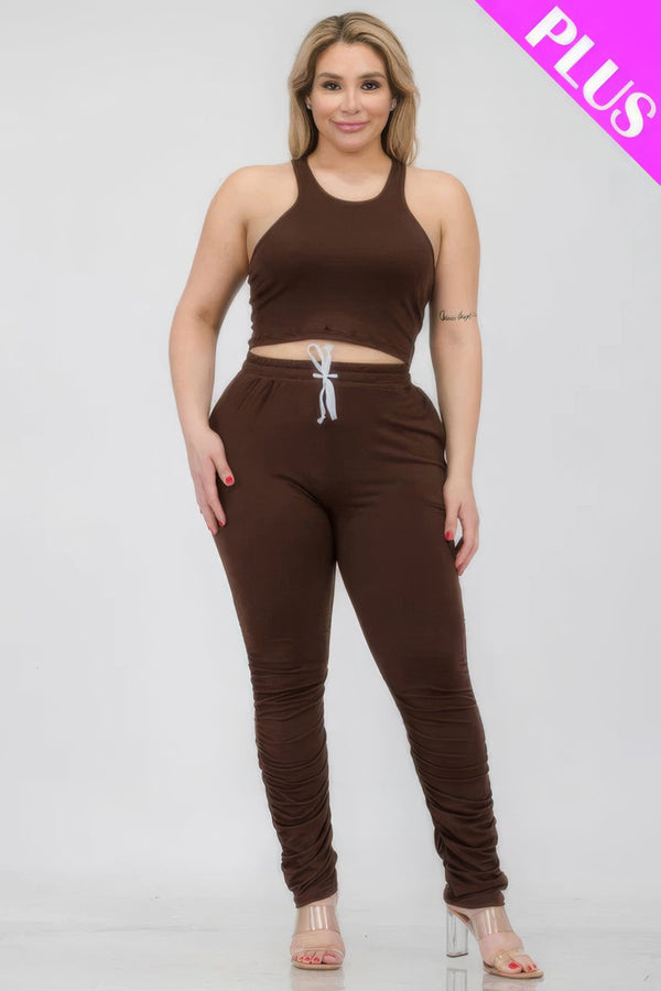 Plus Size Crop Tank Top & Ruched Pants Set - | SmartBuyApparel