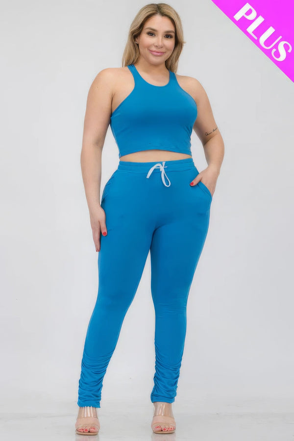 Plus Size Crop Tank Top & Ruched Pants Set - | SmartBuyApparel