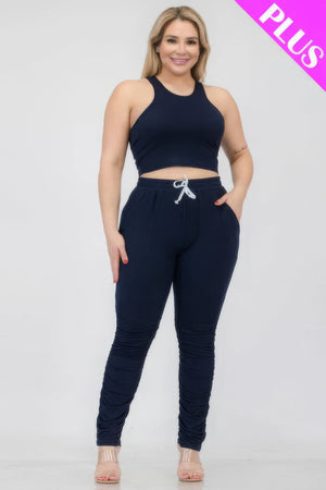 Plus Size Crop Tank Top & Ruched Pants Set - | SmartBuyApparel