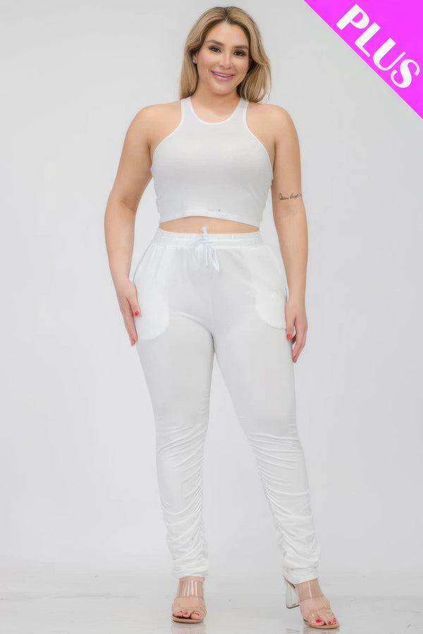 Plus Size Crop Tank Top & Ruched Pants Set - | SmartBuyApparel