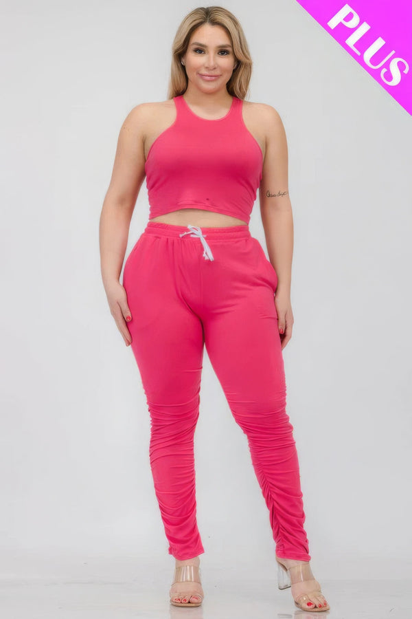 Plus Size Crop Tank Top & Ruched Pants Set - | SmartBuyApparel
