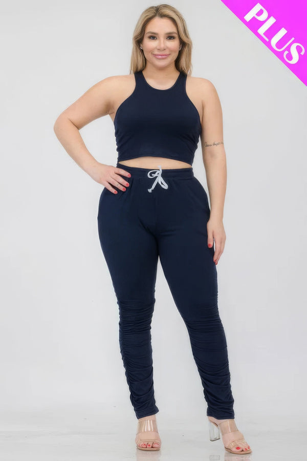 Plus Size Crop Tank Top & Ruched Pants Set - | SmartBuyApparel