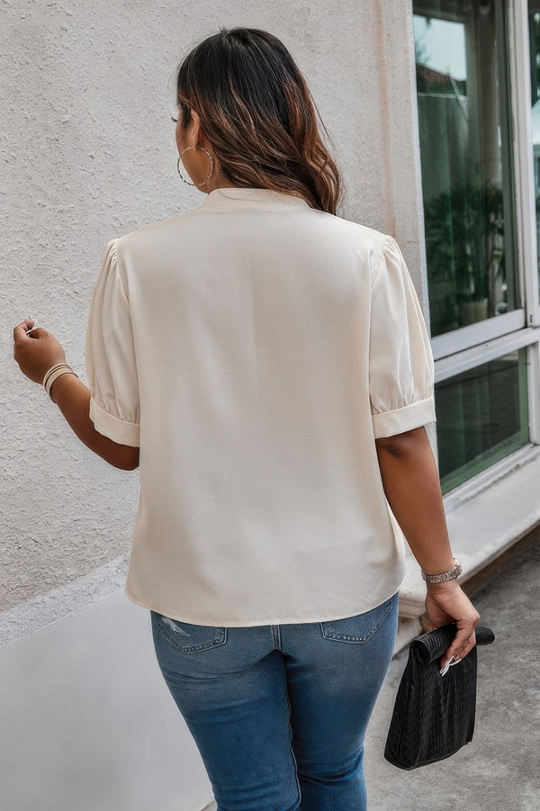 Plus Size Cross Neck Puff Sleeves Solid Button Top - | SmartBuyApparel