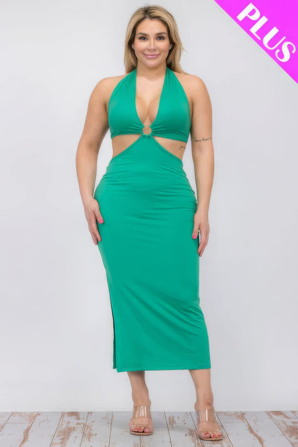 Plus Size Cut - out Halter Neck Double Back Tie Split Thigh Midi Dress - | SmartBuyApparel