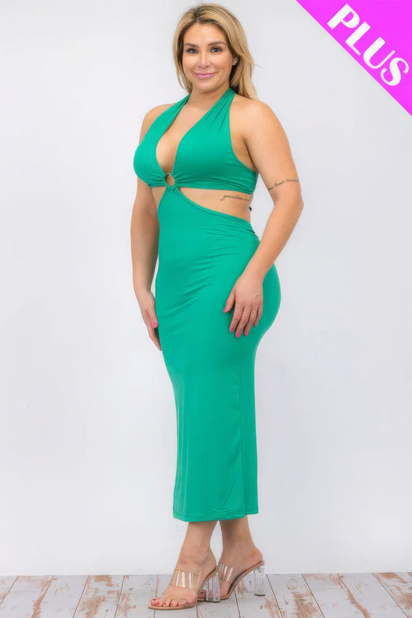 Plus Size Cut - out Halter Neck Double Back Tie Split Thigh Midi Dress - | SmartBuyApparel