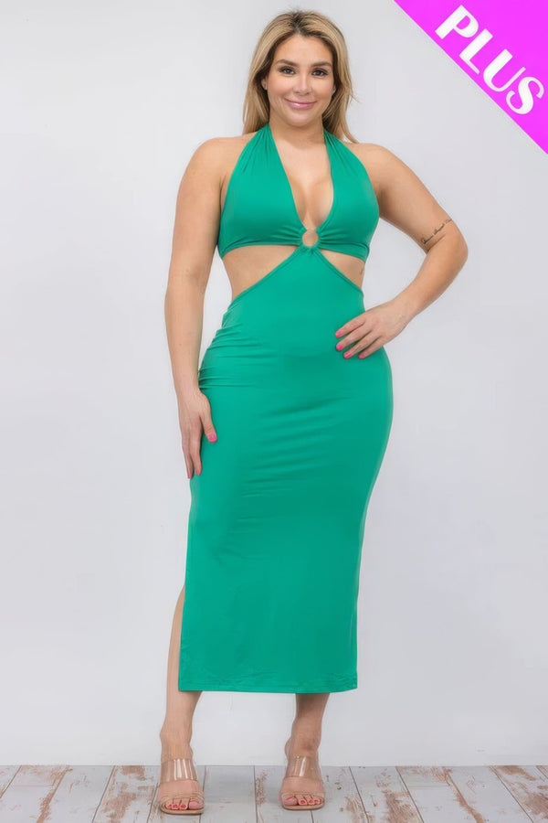 Plus Size Cut - out Halter Neck Double Back Tie Split Thigh Midi Dress - | SmartBuyApparel