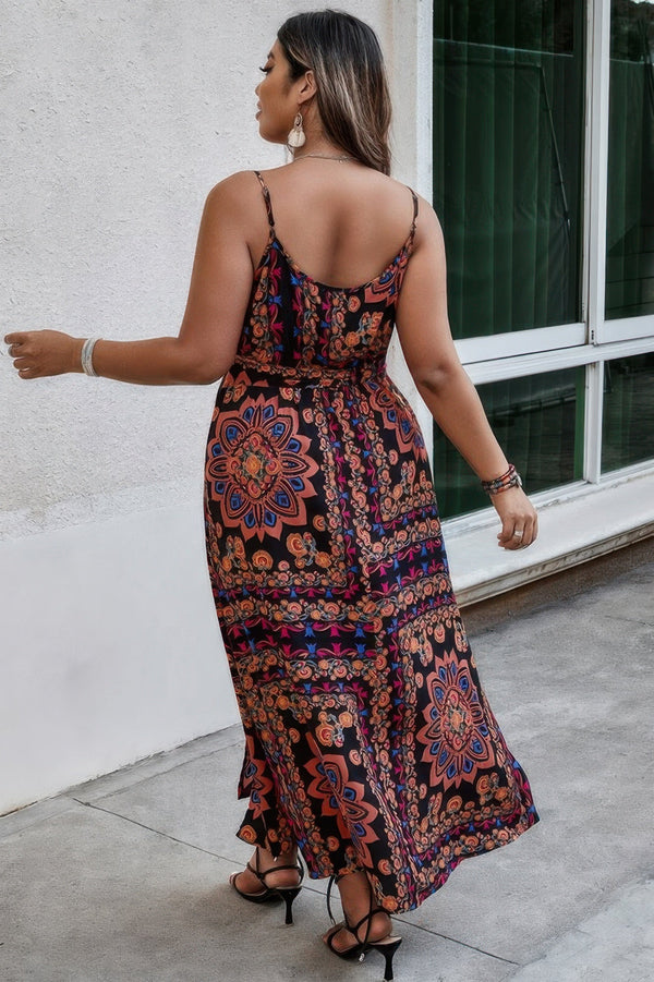 Plus Size Floral Belted Cami Boho Long Dress - | SmartBuyApparel