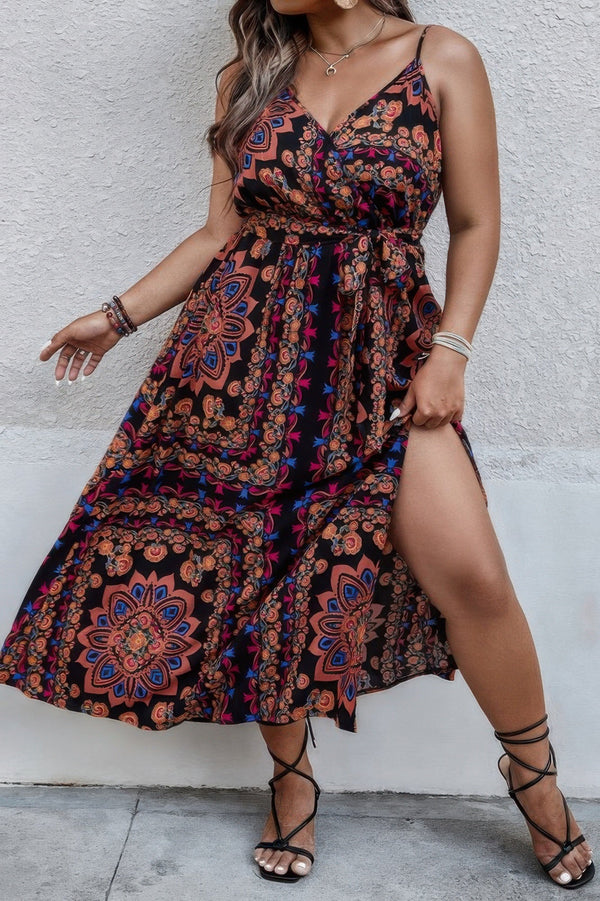 Plus Size Floral Belted Cami Boho Long Dress - | SmartBuyApparel