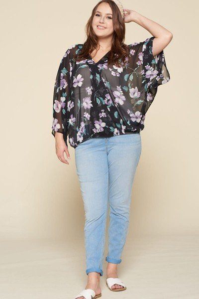 Plus Size Floral Chiffon Sheer Surplice Top - Women's top - SmartBuyApparel