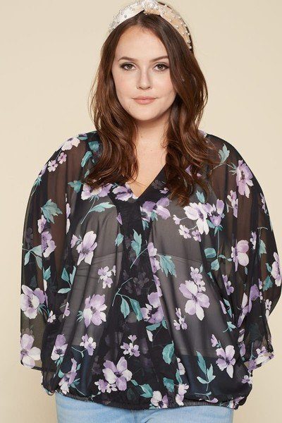 Plus Size Floral Chiffon Sheer Surplice Top - Women's top - SmartBuyApparel