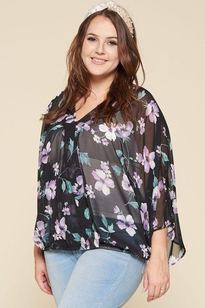 Plus Size Floral Chiffon Sheer Surplice Top - Women's top - SmartBuyApparel