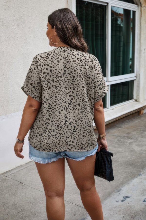 Plus Size Floral Notched V Neck Short Casual Blouse - | SmartBuyApparel