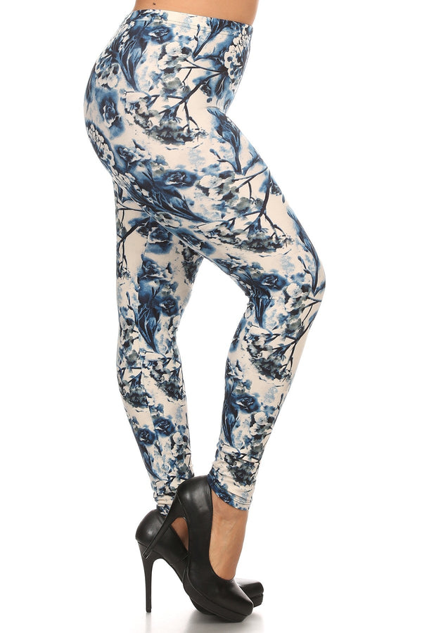 Plus Size Floral Print Full Length Leggings In a Slim Fitting Style With a Banded High Waist - Leggings - SmartBuyApparel