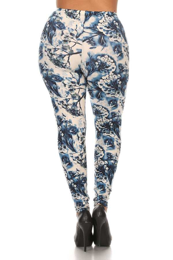 Plus Size Floral Print Full Length Leggings In a Slim Fitting Style With a Banded High Waist - Leggings - SmartBuyApparel